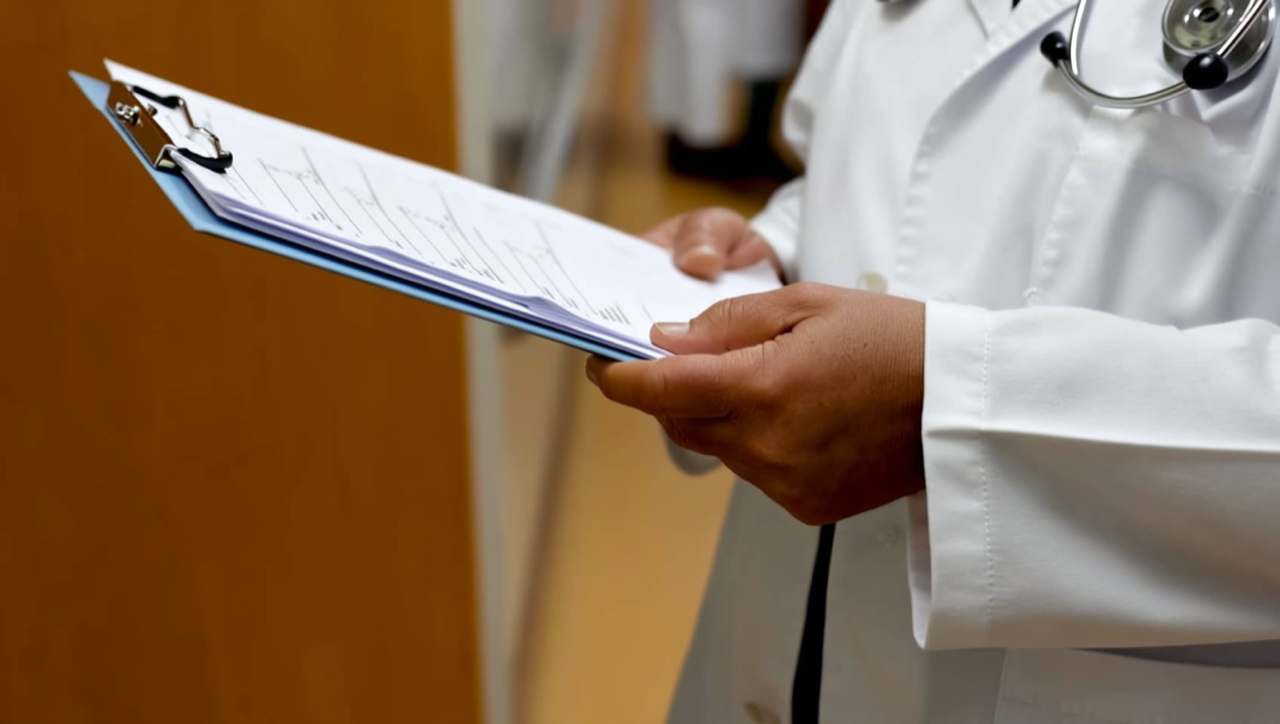 Close-up of a resident's hands holding a clipboard with patient charts