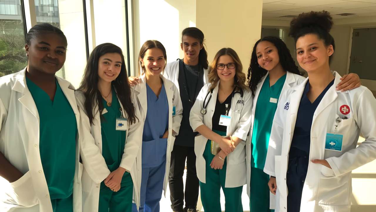 Six residents in scrubs and white coats standing confident together in a sunlit lobby