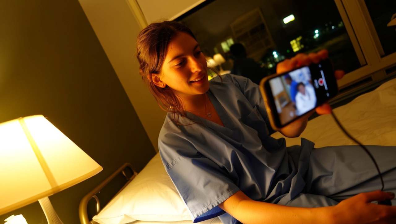 A resident in scrubs video-calling family on a phone in a call room at night