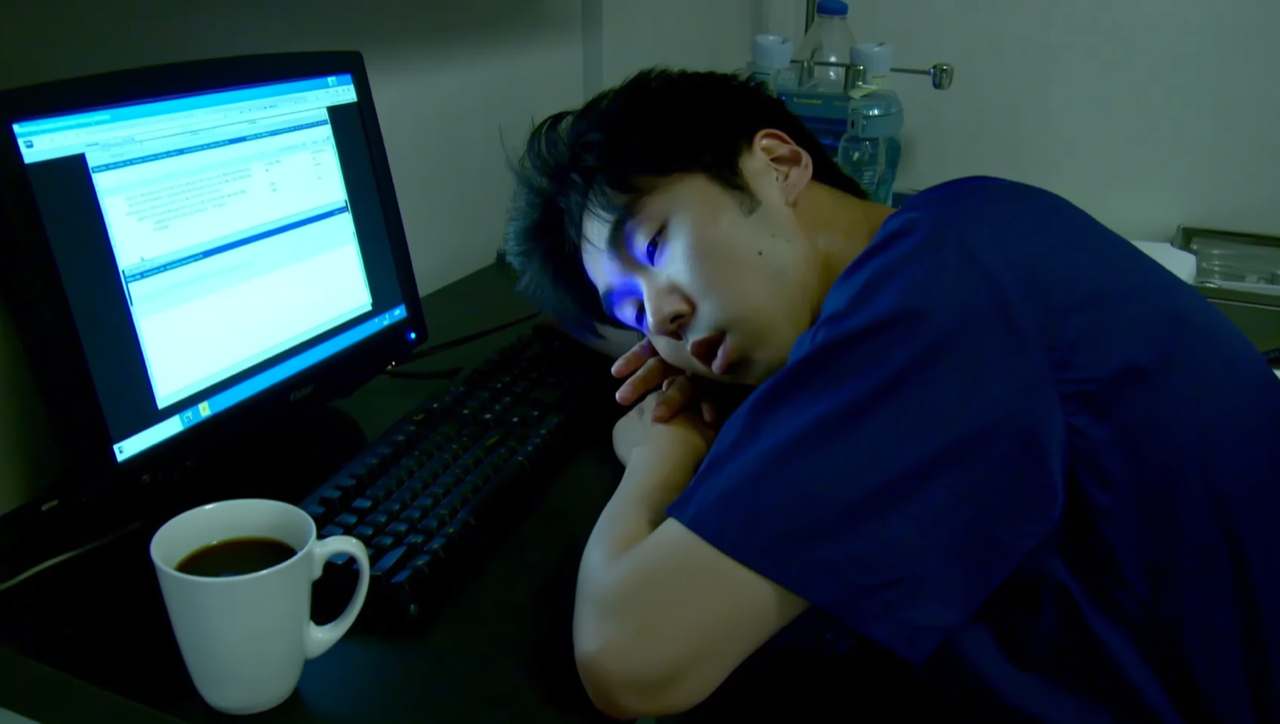 An exhausted resident in scrubs resting his head on his hand at a computer desk at night