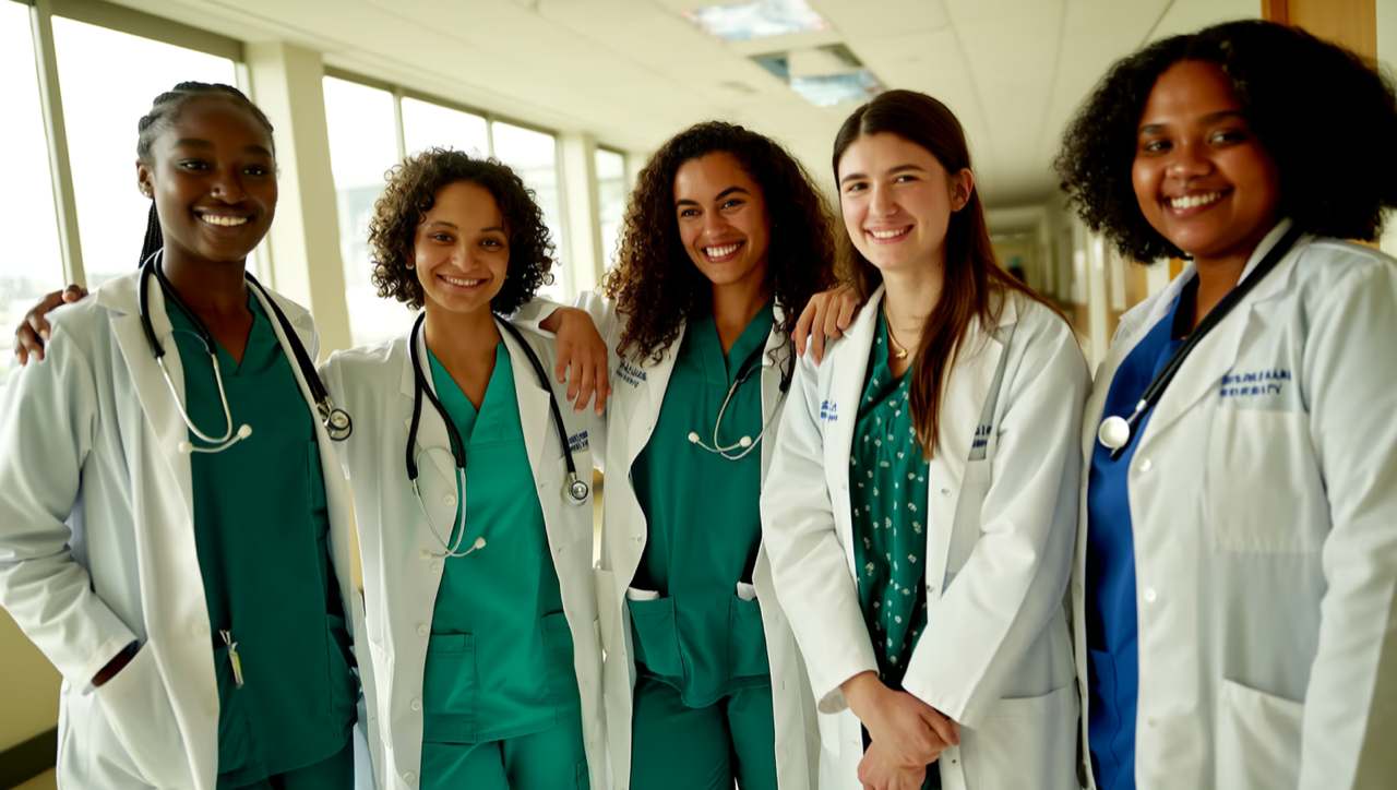 Five residents in white coats and scrubs smiling together in a bright hospital corridor