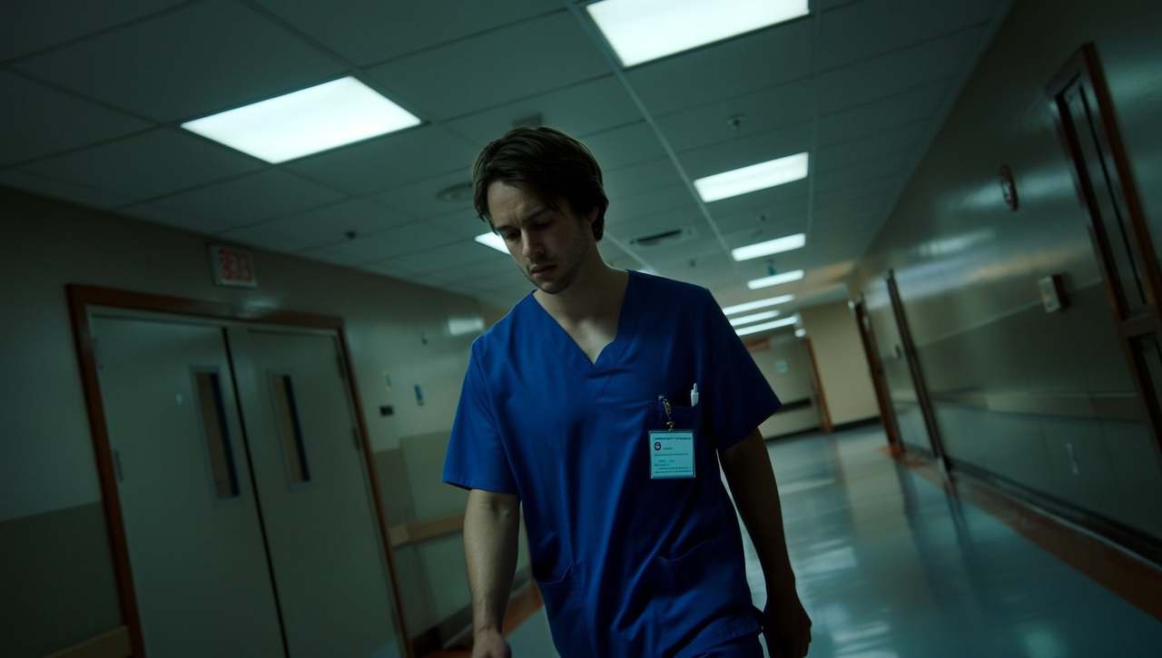 A weary resident in blue scrubs walking alone down an empty hospital corridor at night