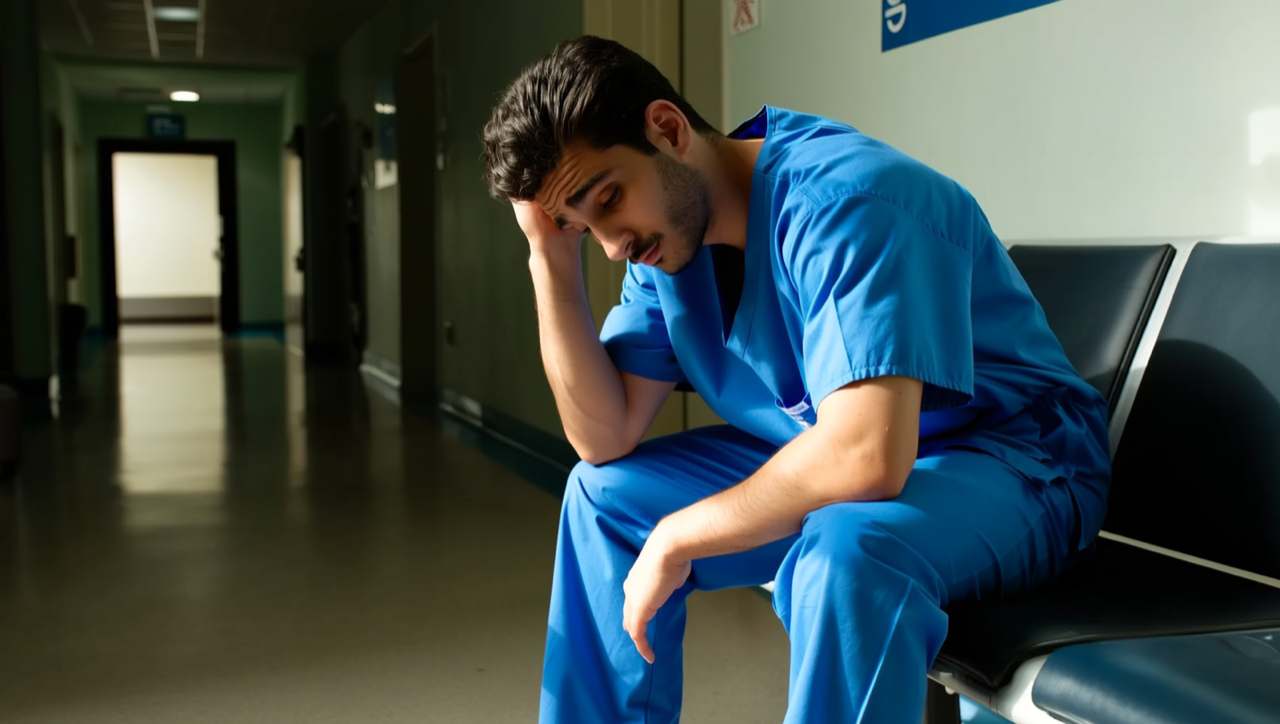 A resident in scrubs sitting alone on a bench in a dim hallway, head in hand