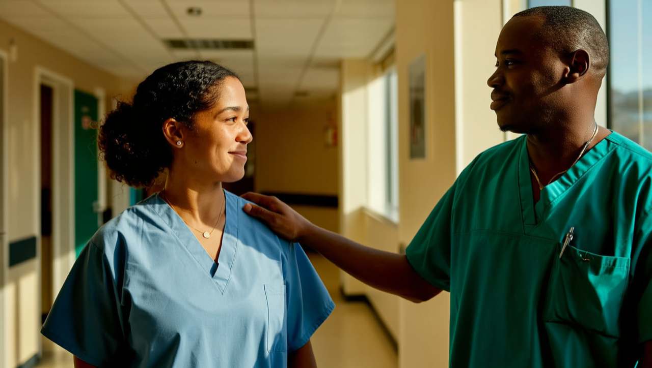 One resident placing a comforting hand on a colleague's shoulder in a bright corridor