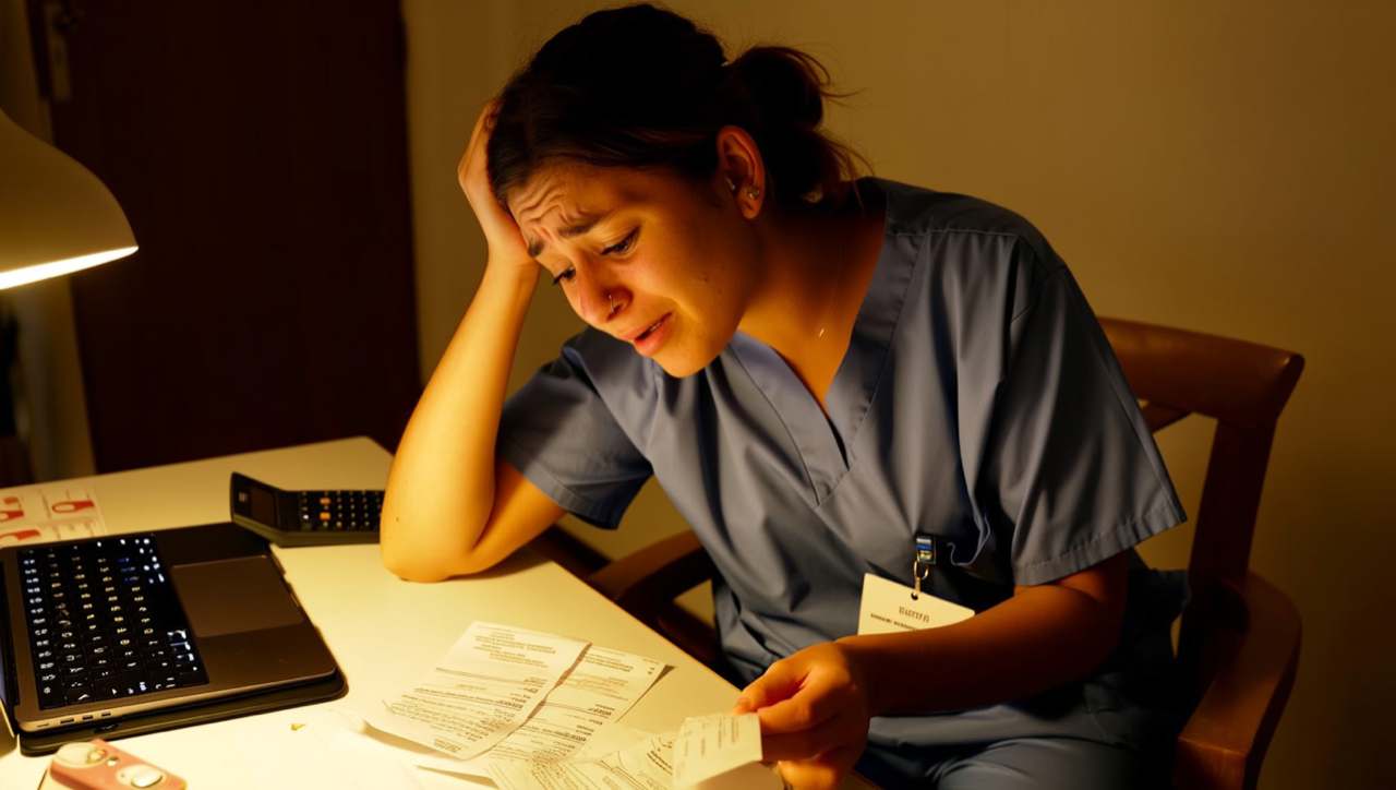 A resident in scrubs reviewing bills and a laptop with a worried expression at a desk