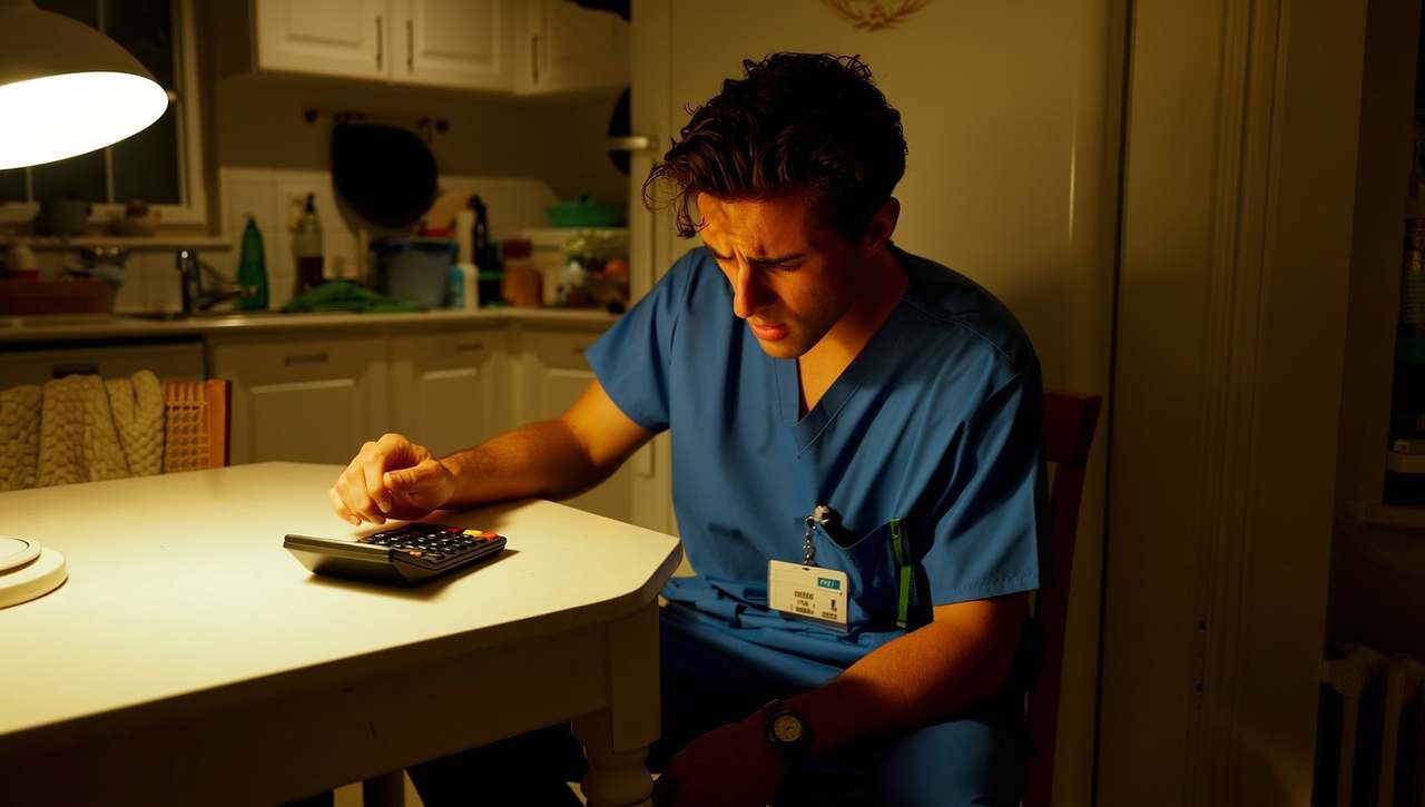 A resident in blue scrubs working a calculator over bills at a kitchen table late at night