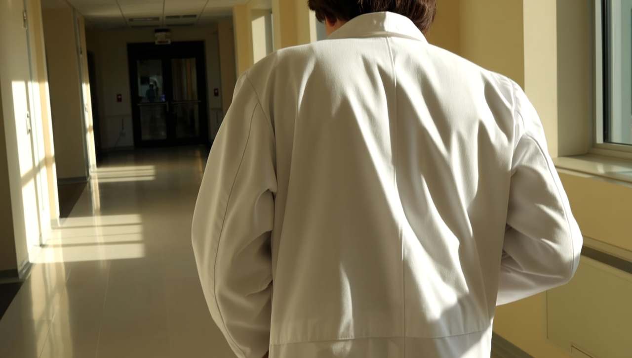 Back view of a resident in a white coat walking down a hospital corridor, face unseen